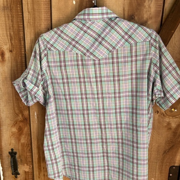 Wrangler Wrancher Pearl Button Snap Light Green Purple Plaid Western Shirt L - Picture 2 of 9